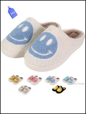 Fuzzy Happy Face Slippers Plush Fleece Lined Cozy House Shoes Unisex